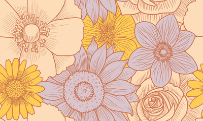 vector drawing vintage seamless pattern with flowers, hand drawn illustration