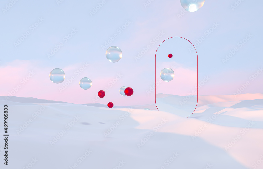 Poster abstract winter christmas scene with geometrical form. product stand. surreal background. 3d renderi