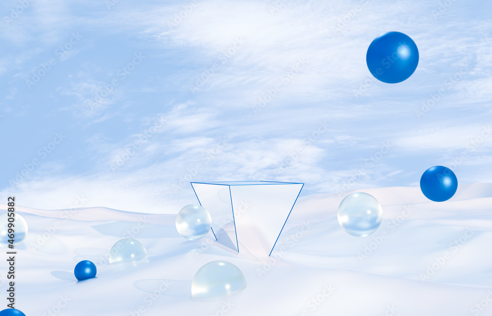 Poster abstract winter christmas scene with geometrical form. product stand. surreal background. 3d renderi