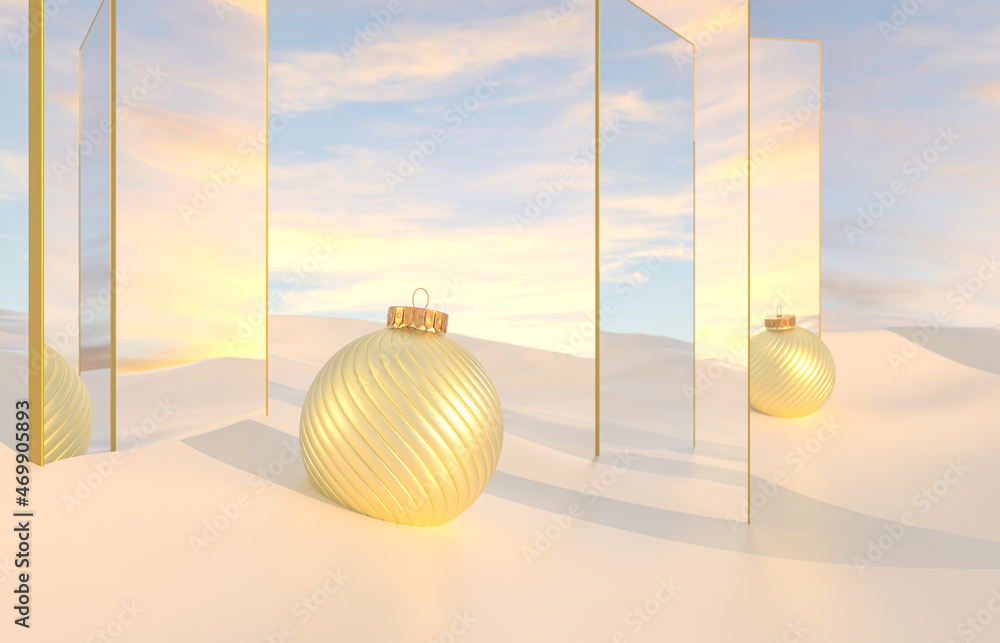 Poster abstract winter christmas scene with mirror and christmas ball. surreal background. 3d rendering.