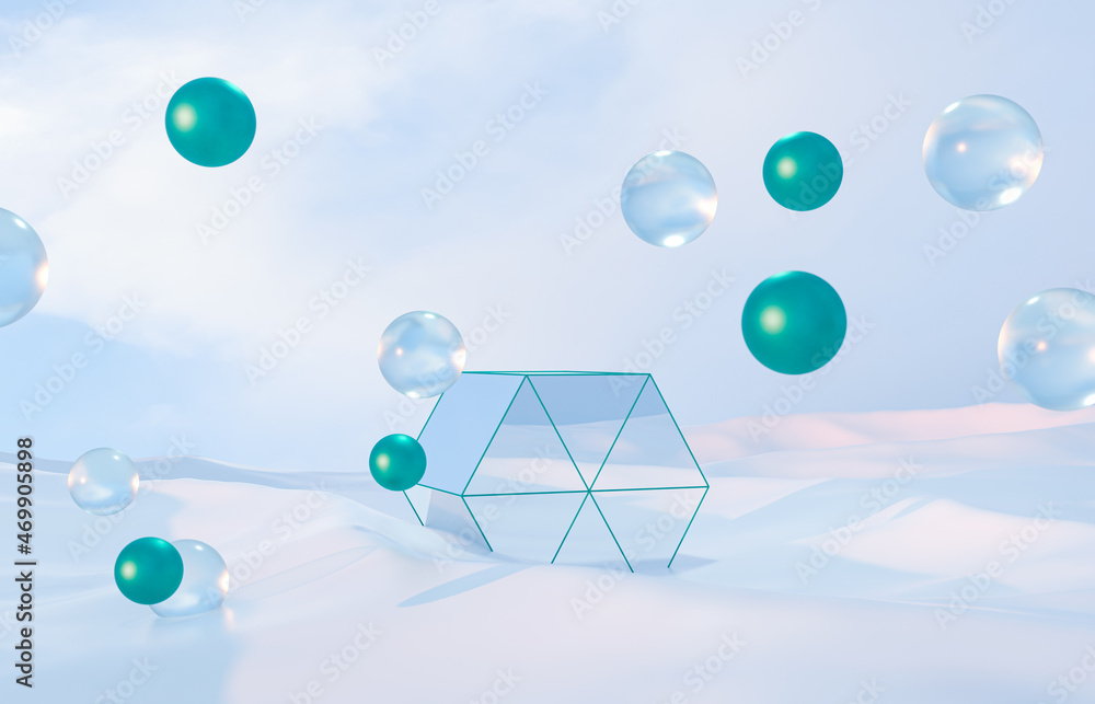 Poster abstract winter christmas scene with geometrical form. product stand. surreal background. 3d renderi