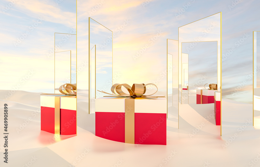 Poster abstract winter christmas scene with mirror and red gift box. surreal background. 3d rendering.