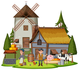 Obraz na płótnie Canvas Medieval house with villagers and farm animals