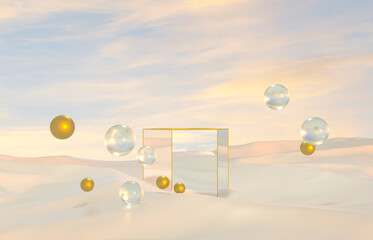 Abstract winter Christmas scene with geometrical form. product stand. surreal background. 3D rendering.