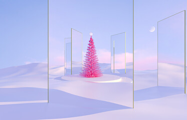 Abstract winter Christmas scene with mirror and Christmas tree. surreal background. 3D rendering.