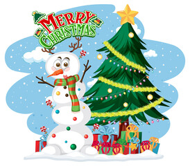 Merry Christmas text logo with Christmas and decorations