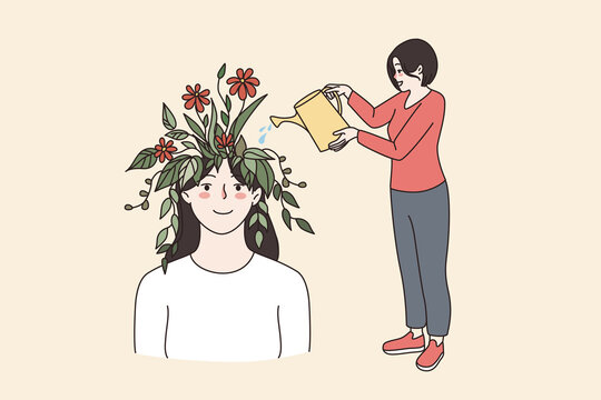 Self development and creativity concept. Young smiling woman standing watering blooming red flowers in head of female vector illustration 