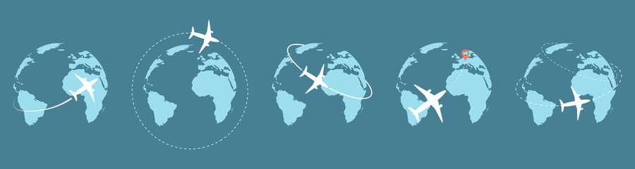 Travel icons with airplane fly around the earth. Vector illustration.Tourism transportation concept © Nika Ray