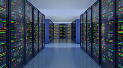 Data server rack center. Telecommunications, Cloud Computing, Artificial Intelligence, Database, Super Computer Technology Concept.