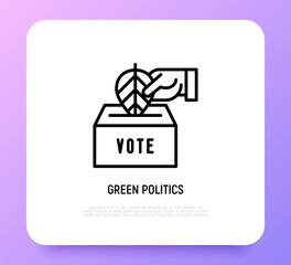 Vote for green politics: hand puts leaf in ballot-box. Thin line icon. Modern vector illustration.