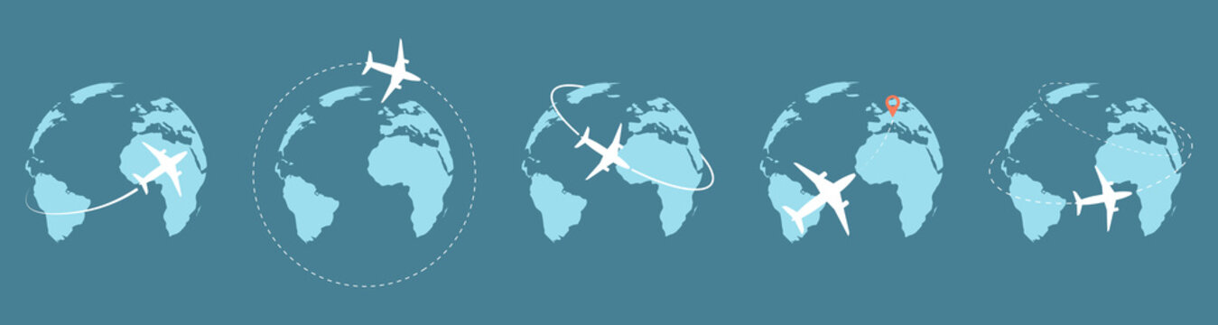 Travel icons with airplane fly around the earth. Vector illustration.Tourism transportation concept