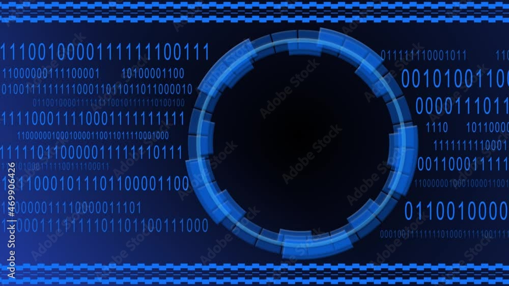 Poster Abstract animation of swapping fingerprint and closed padlock centered into HUD elements on binary code background