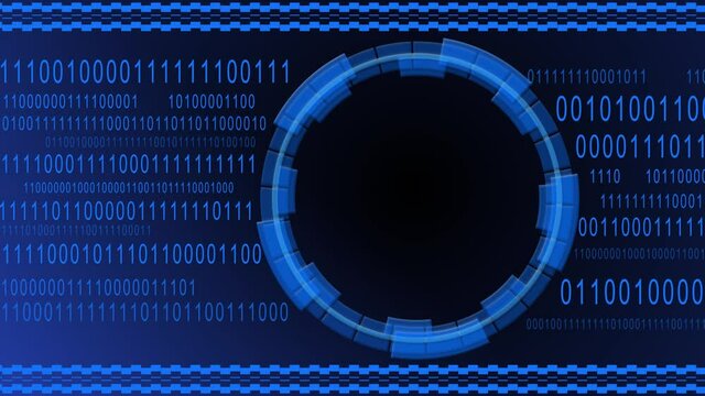 Abstract animation of swapping fingerprint and closed padlock centered into HUD elements on binary code background