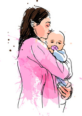 Colored hand sketch of mother with baby. Vector illustration.