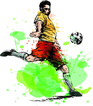 Colored hand sketch of soccer player. Vector illustration.