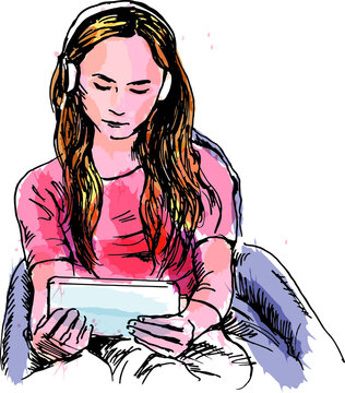 Colored hand sketch of a young girl watching a tablet. Vector illustration.