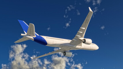 White airbus airplane on a blue sky background with white clouds 3d rendering