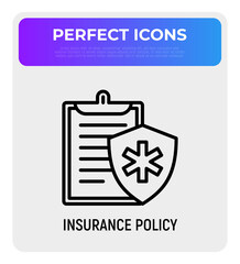 Insurance policy thin line icon: document with sign of health protection. Modern vector illustration.