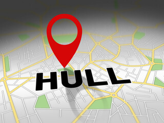 Hull on map with red GPS navigation pin. United kingdom location with generic map background.