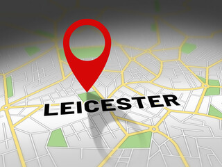 Fototapeta premium Leicester on map with red GPS navigation pin. United kingdom location with generic map background.