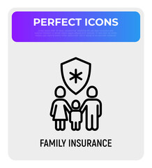 Family medical insurance thin line icon: mother, father, child are protected by medical shield. Modern vector illustration.