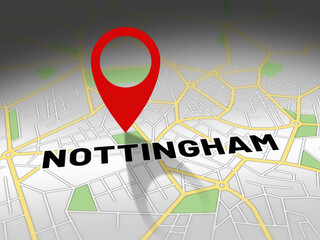 Fototapeta premium Nottingham on map with red GPS navigation pin. United kingdom location with generic map background.