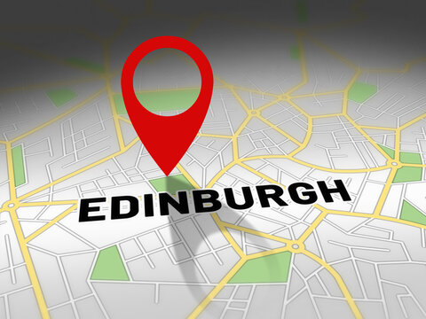 Edinburgh on map with red GPS navigation pin. United kingdom location with generic map background.