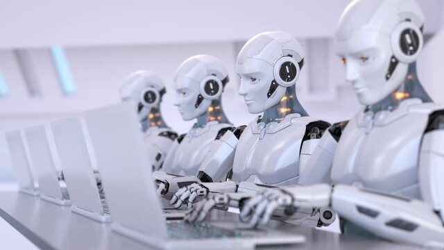 Robots working with laptops in a workspace. 3D animation