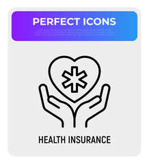 Health insurance thin line icon: hands holding heart with medical symbol. Modern vector illustration.