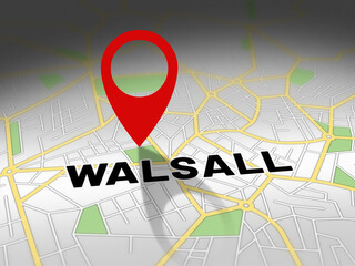 Fototapeta premium Walsall on map with red GPS navigation pin. United kingdom location with generic map background.