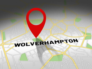 Obraz premium Wolverhampton on map with red GPS navigation pin. United kingdom location with generic map background.