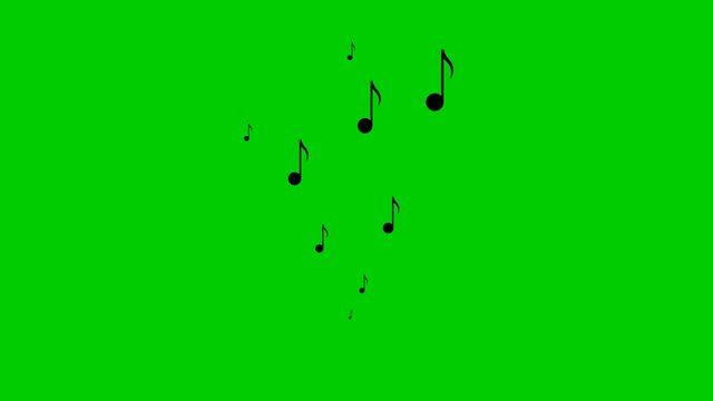 Animated black notes fly from bottom to top. A wave of flying notes. Concept of music, song, melody. Vector illustration isolated on the green background.