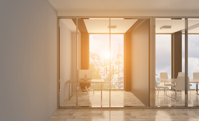 Modern office Cabinet.  3D rendering.   Meeting room. Sunset.