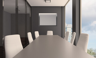 Elegant office interior. Mixed media. 3D rendering.. Blank paintings.  Mockup.