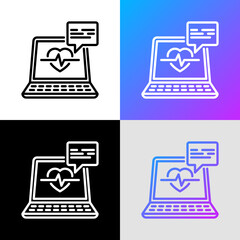 Ambulance online thin line icon, open laptop with heartbeat and speech bubble. Modern vector illustration.