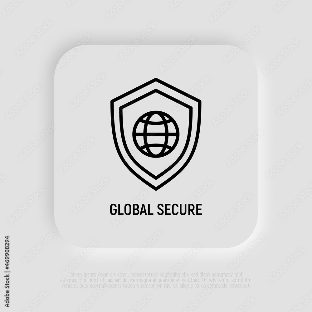 Poster global secure thin line icon, shield with globe. modern vector illustration.