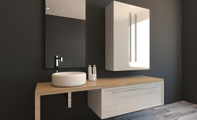 Spacious bathroom in gray tones with heated floors, freestanding tub. 3D rendering.