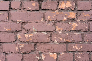 The weathered texture of old dirty red brick wall background. Building. Copy space