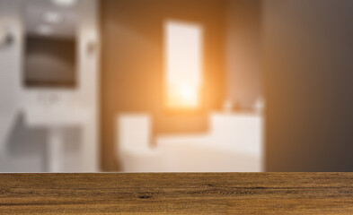 Background with empty table. Flooring. Modern bathroom including bath and sink. 3D rendering.. Sunset.