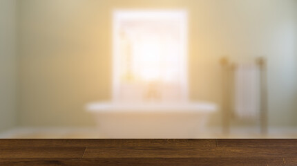 Background with empty table. Flooring. Modern bathroom with large window. Sunset.  Empty picture. 3D re