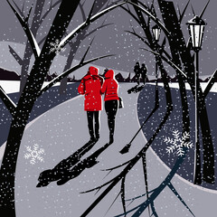 A guy and a girl are walking in the park on the first snow. Vector illustration.
