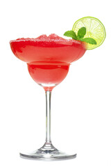 Red iced drink in coktail glass with salt rim garnished with mint leaf and lime slice isolated on white background
