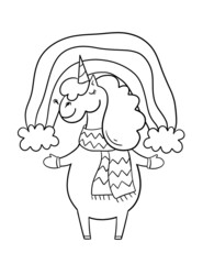 Unicorn with rainbow coloring page for kids.