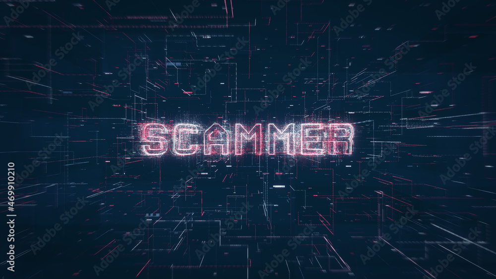 Poster scammer title key word on a binary code digital network background