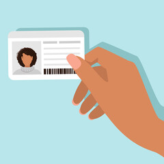 Woman's hand holding an identity card. Vector illustration in flat style on a blue background.