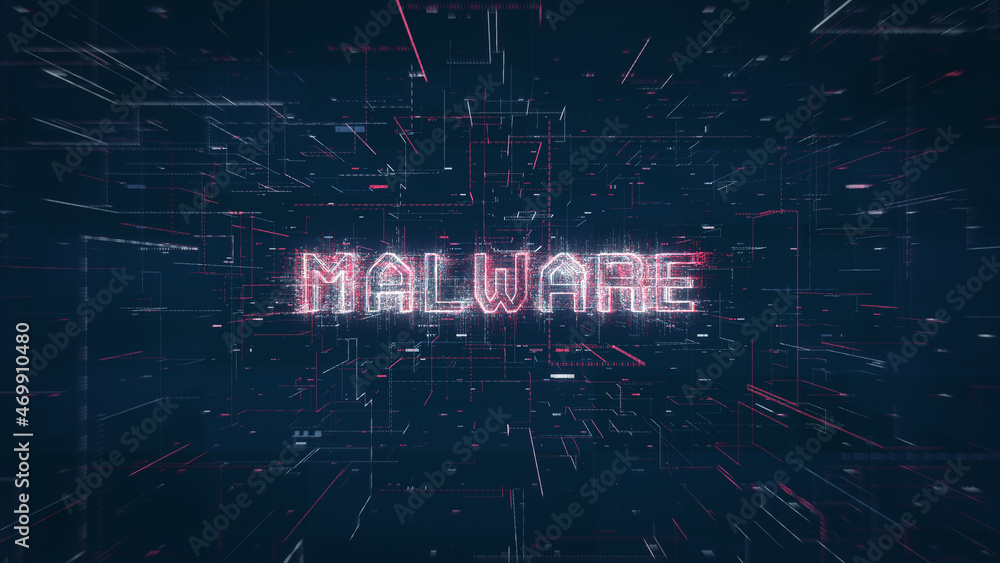 Poster malware title key word on a binary code digital network background