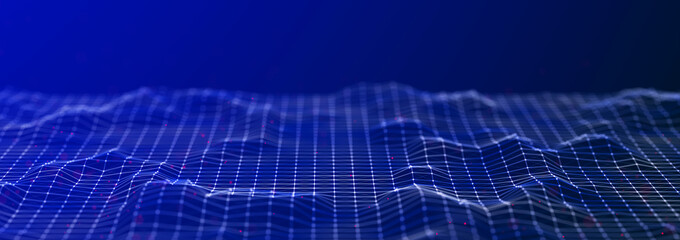 Sci-fi background. Digital landscape with dots and lines. Cyberspace grid. Background concept for your design. 3d