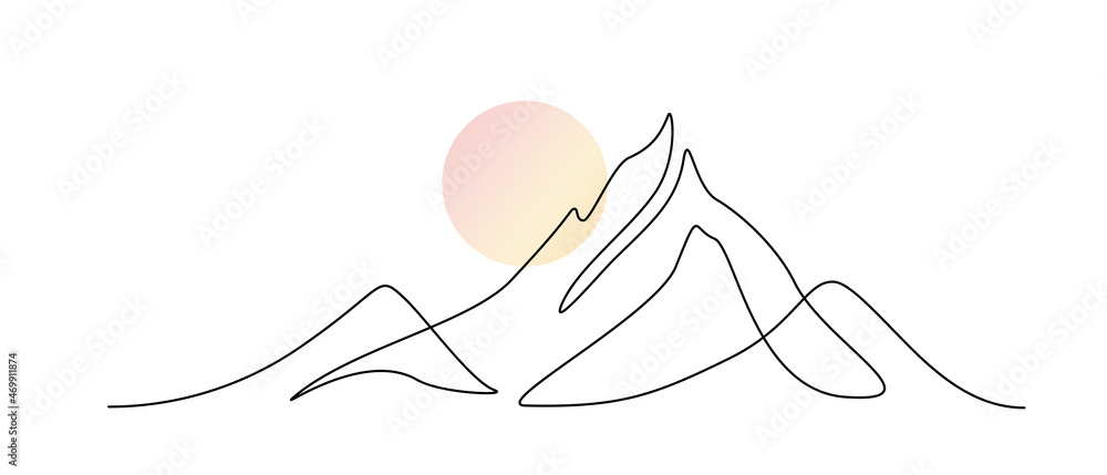Leinwandbilder One continuous line drawing of mountain range landscape with color sun. Abstract peak hills and skyline in scandinavian simple linear style. Modern panoramic sketch. Doodle vector illustration