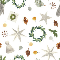 Fototapeta na wymiar Scandinavian winter elements and Hygge concept design. Hygge style. Set of watercolor elements for Christmas or New Year's decor. Fir branches, stars, bumps, gifts, mitten.