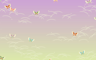 和柄な蝶々と草模様の背景素材（紫＆黄緑）
